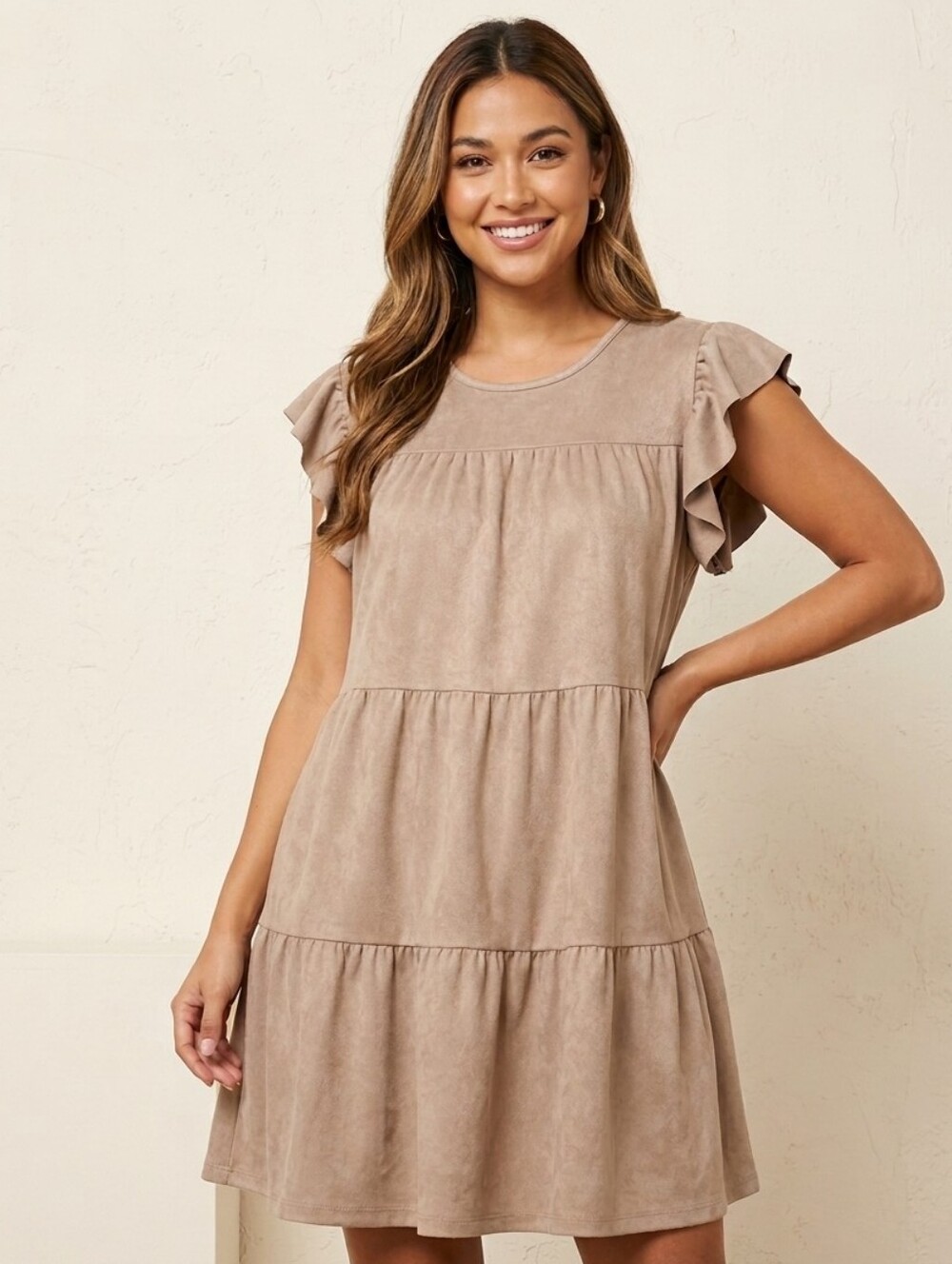 Faux Suede Tiered Ruffle Mini Dress Boho Festival Indigo Soul Size L Tan